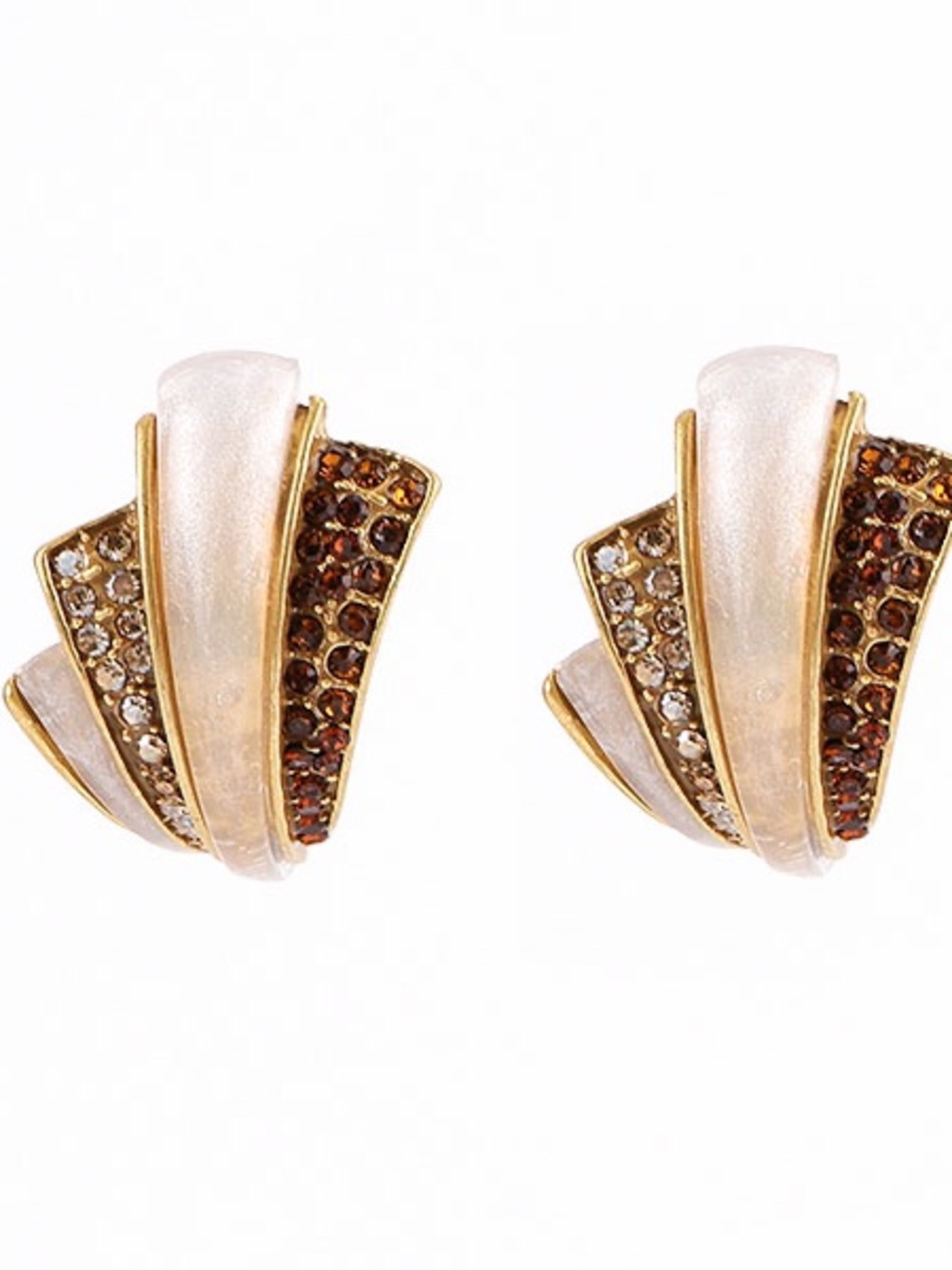 Gold-Tone Pearl & Amber Crystal Fan Clip Earrings 925s silver posts
